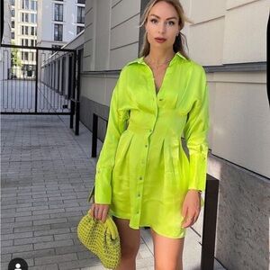 Zara Neon Green Long Sleeve Shirt Dress